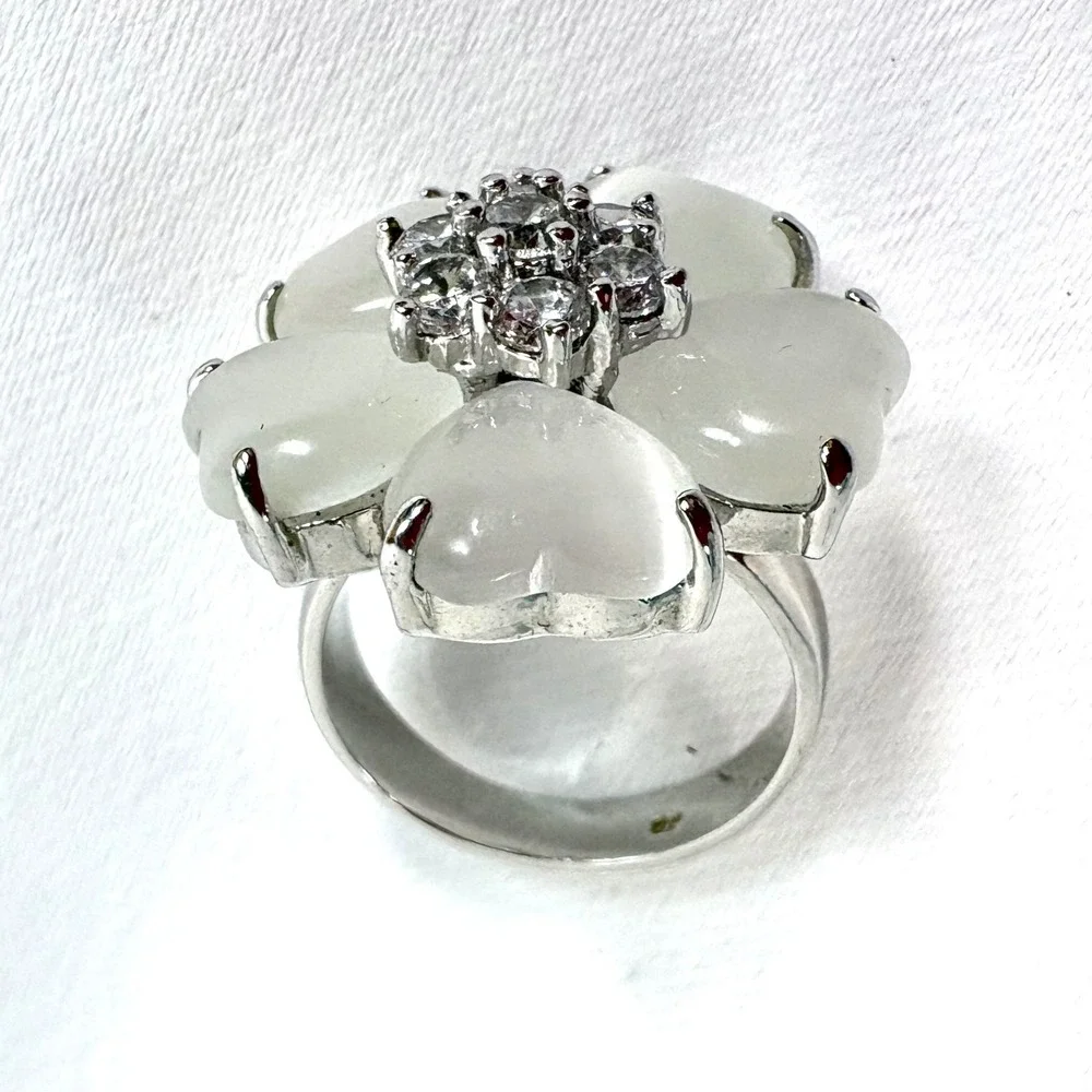 J Goodin Floral Nouveau Ring White Cats Eye Cubic Zirconia Silver Tone Size 6.75